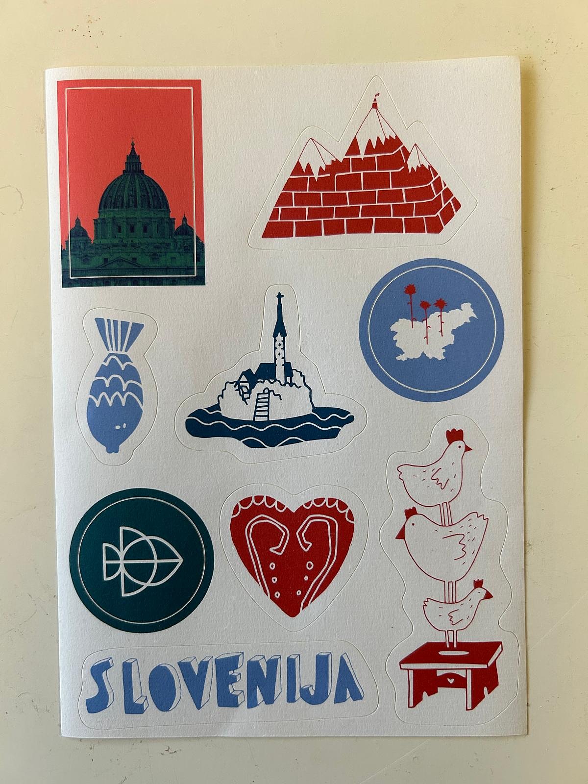 Printed sticker sheet with Slovenian illustrations